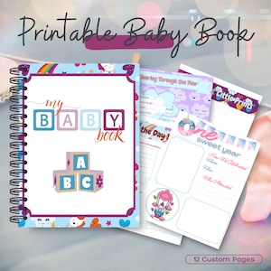 Könnte beinhalten: Ein druckbares Babybuch mit einem bunten Cover mit einem Regenbogen, Einhörnern und Herzen. Das Buch enthält Seiten zum Aufzeichnen von Meilensteinen, Erinnerungen und besonderen Momenten. Der Text auf dem Cover lautet "my BABY book".