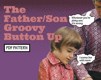 PATTERN Easy Sew Mens Boys Father Son Groovy Button Up. A Vintage 1970s Recreation Sewing Pattern wide collar instant digital PDF download