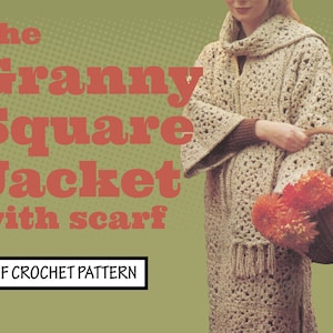 Easy Vintage CROCHET Pattern Granny Square Jacket Hippie Boho Long Coat cardigan sweater scarf PDF Instant Digital Download Retro '70s