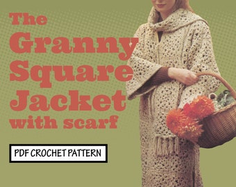 Easy Vintage CROCHET Pattern Granny Square Jacket Hippie Boho Long Coat cardigan sweater scarf PDF Instant Digital Download Retro '70s