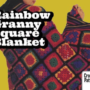Peut inclure: Une couverture Rainbow Granny Square faite à la main, ornée d'un motif répétitif de carrés multicolores : rouge, orange, jaune, vert, bleu et violet, avec des bordures noires. Le texte "Rainbow Granny Square Blanket" est affiché. Un modèle de crochet.