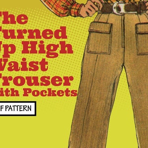 Op de afbeelding: Een PDF-patroon voor een broek met hoge taille en zakken. De illustratie toont een bruine broek met grote zakken aan de voorkant.