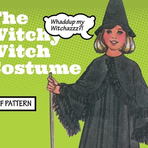 Puede incluir: Un patrón PDF para un disfraz de bruja. El patrón incluye un vestido negro con un dobladillo con flecos y un sombrero de bruja negro. El texto "The Witchy Witch Costume" y "PDF Pattern" es visible en la imagen.