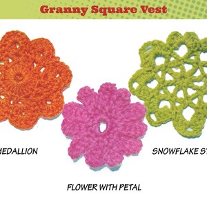 May include: Three crocheted flower motifs in different colours and designs. The first is a bright orange medallion, the second is a pink flower with a petal design, and the third is a green snowflake star.