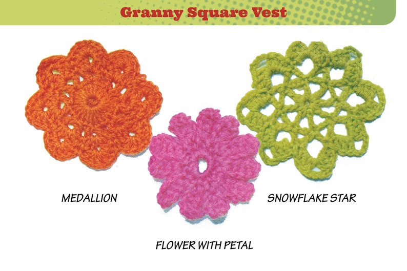 May include: Three crocheted flower motifs in different colours and designs. The first is a bright orange medallion, the second is a pink flower with a petal design, and the third is a green snowflake star.