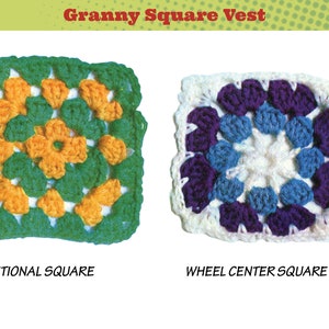 May include: Two crochet granny squares, one in green, yellow, and white, and the other in purple, blue, and white. The squares are labelled "Traditional Square" and "Wheel Center Square".