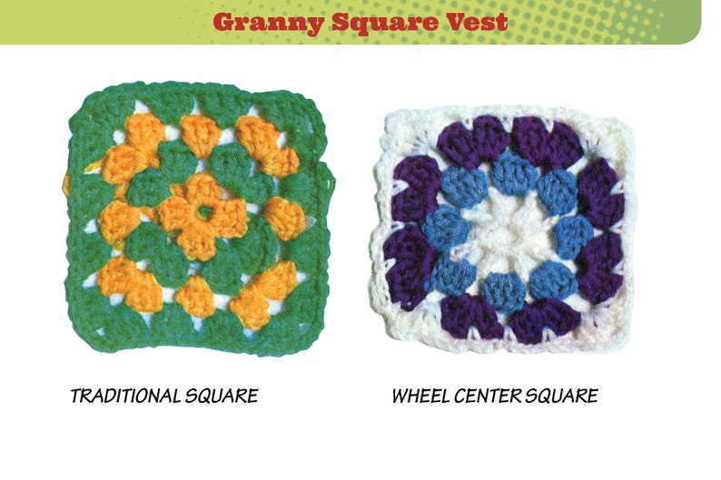 May include: Two crochet granny squares, one in green, yellow, and white, and the other in purple, blue, and white. The squares are labelled "Traditional Square" and "Wheel Center Square".