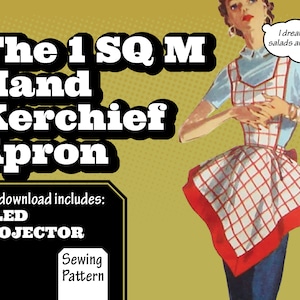 Pode incluir: Um download digital para um padrão de costura de avental de lenço de 1 metro quadrado. O padrão inclui um projetor de azulejos e um padrão de costura. A imagem mostra uma mulher usando um avental xadrez vermelho e branco.