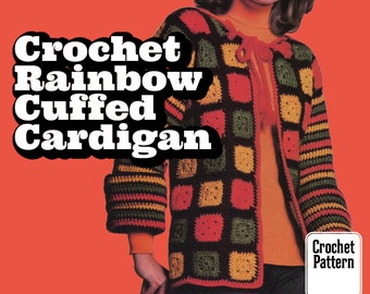 WZÓR SZYDEŁKOWY | Tęczowy kardigan z mankietem | Vintage z lat 70. | Sweter boho z dzianiny Kurtka babcina w kwadraty | łatwy i szybki projekt DIY | POBIERZ CYFROWY