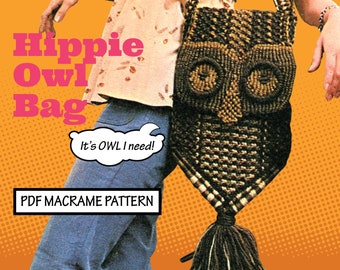 Easy Vintage MACRAME Pattern Hippie Owl Purse Handbag Knotwork Boho Cross Body Shoulder Bag Kitschy PDF Instant Digital Download Retro '70s