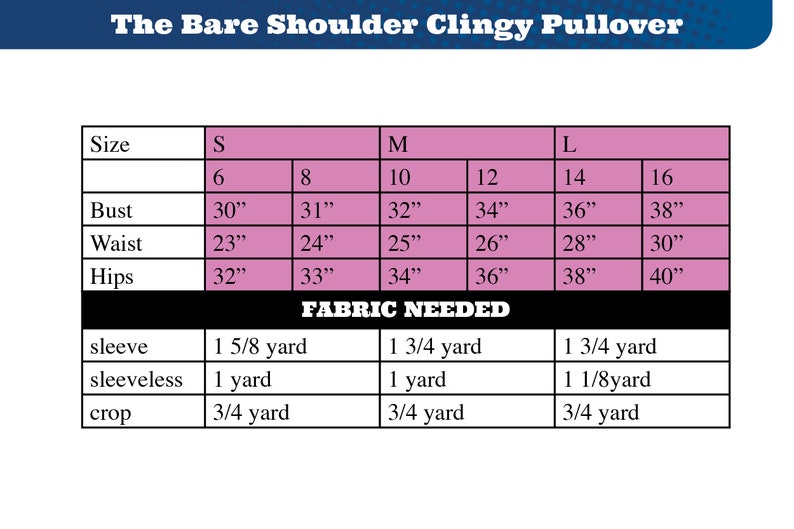 Puede incluir: Tabla de tallas para "The Bare Shoulder Clingy Pullover" con medidas de busto, cintura y cadera en pulgadas. Las tallas van de S (6) a L (16). Tambi&eacute;n se indica la tela necesaria para las opciones de manga, sin mangas y crop.