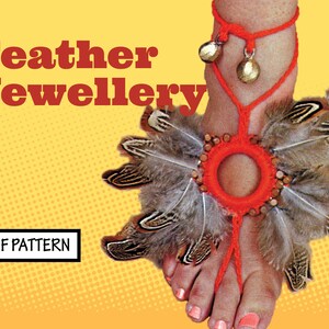May include: A red and brown feather anklet with bells and a PDF pattern. The anklet is made with red cord and has a circle of brown beads around the ankle. The feathers are attached to the circle of beads.