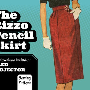 May include: An illustration of a red pencil skirt, black top, and white gloves. Text reads "The Rizzo Pencil Skirt" and "PDF download includes: TILED PROJECTOR AO Sewing Pattern". The background is teal with a dotted pattern, reminiscent of vintage designs.