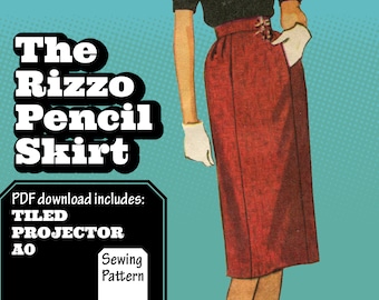 May include: A vintage-style illustration features a red pencil skirt with a black top and white gloves. Text reads "The Rizzo Pencil Skirt" and "PDF download includes: TILED PROJECTOR AO Sewing Pattern". The background is teal with a dotted pattern.