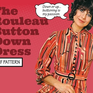 Puede incluir: Un patrón PDF para un vestido de botones con un diseño de rayas coloridas. El vestido tiene un cierre de botones rouleau y un cinturón. El texto en la imagen dice "The Rouleau Button Down Dress PDF PATTERN".