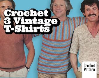Easy Vintage CROCHET Pattern 3 Mens T-shirt Mesh Button Vneck Striped Pullover Sweater Unisex PDF Instant Digital Download Retro '70s