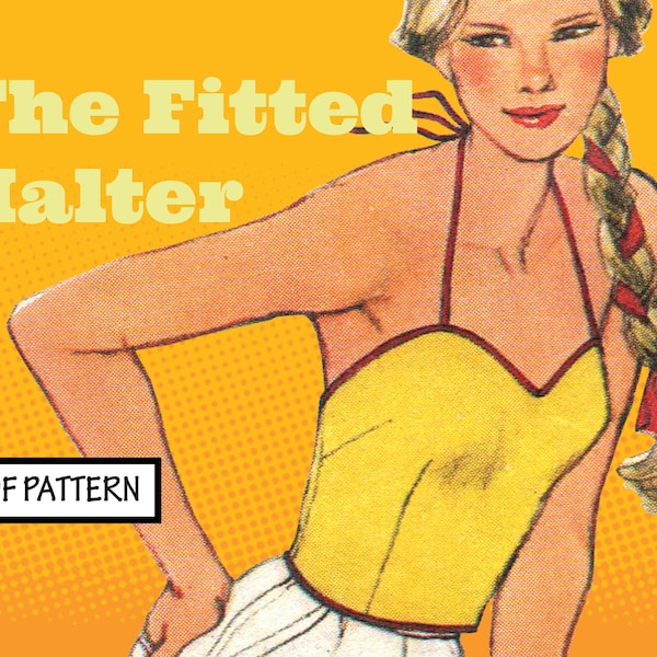 PATTERN Easy Sew Vintage Women Belly Bare Midriff Fitted Halter Tank Front Crop Top Boho Festival 1970s instant digital PDF download