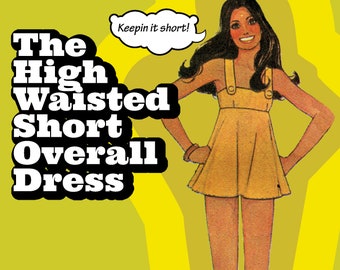 May include: A yellow high-waisted short overall dress with a 'Keepin it short!' speech bubble above the model. The model is wearing the dress with a confident pose.