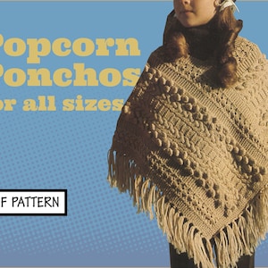 Easy vintage CROCHET Pattern Popcorn Poncho Aran Baby Hooded Child Adult Fringed Boho Hippie wrap PDF Instant Digital Download Retro '70s