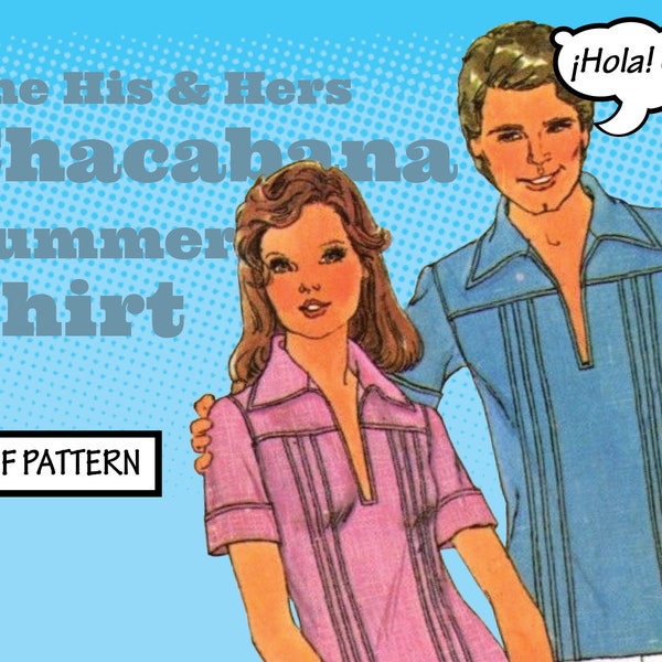 PATTERN Easy Sew Vintage His & Hers Chacabana Summer Shirt Women Men Mexican Cuban Guayabera Yucatán 1970s instant digital PDF download