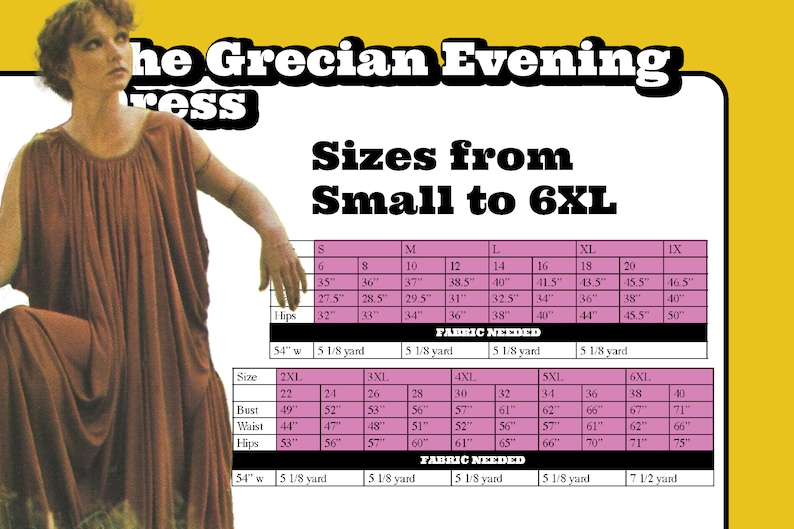 May include: A size chart for a Grecian evening dress, showing measurements for bust, waist, and hips in inches, from size 6 to 40. The chart also includes fabric requirements in yards for each size.