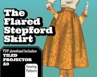 PATTERN Sew Vintage Women Flared Stepford Gored Pleated Panel Skirt with Pockets. Retro 1950s Recreation Sewing instant digital PDF download