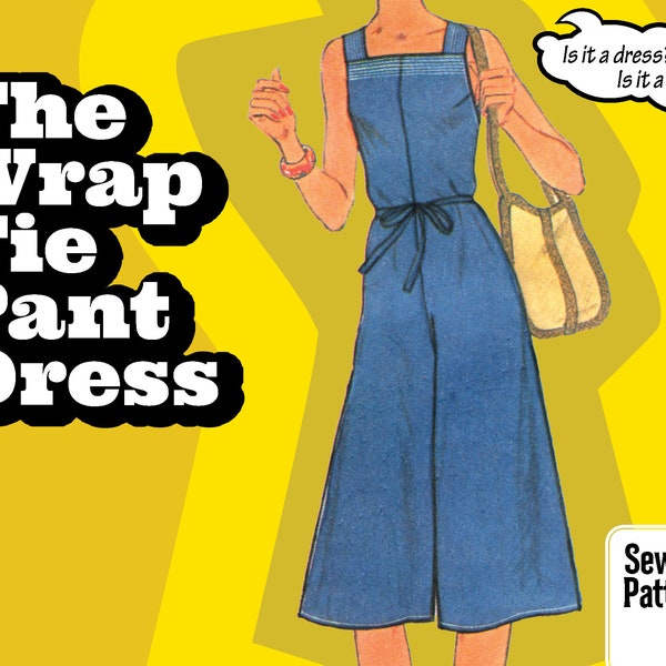 PATTERN Easy Sew Vintage Wrap Tie Pant Dress Jumpsuit Skirt Culottes Romper Women Retro 1970s Sewing Projector instant digital PDF download