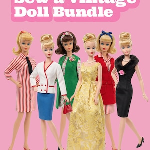 Può includere: Sei bambole bionde disposte in fila su uno sfondo rosa. Il testo Sew a Vintage Doll Bundle appare in alto. Le bambole indossano vari abiti, tra cui un vestito a righe rosse e bianche, una giacca bianca con gonna blu, un cappotto verde, un abito giallo, un gilet rosso con vestito a righe e un vestito nero con colletto di pelliccia.