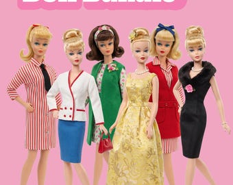 May include: Six blonde dolls arranged in a row against a pink background. The text Sew a Vintage Doll Bundle appears at the top. The dolls wear various outfits including a red and white striped dress, a white jacket with blue skirt, a green coat, a yellow gown, a red vest with striped dress, and a black dress with a fur collar.