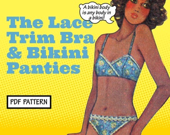 PATTERN Easy Sew Vintage Women Bikini Lace Trim Bra Panties beach summer  swimsuit swimwear underwear set 1970s instant digital PDF download