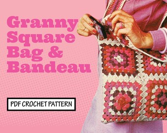 Easy Vintage CROCHET Pattern Granny Square Bag & Bandeau Headband Tote Purse Earmuff Hairband Hippie PDF Instant Digital Download Retro '70s