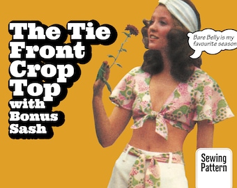 PATTERN Easy Sew Vintage Women Belly Bare Midriff Tie Knot Front Crop Top Boho Festival Flutter sleeve 1970s instant digital PDF download