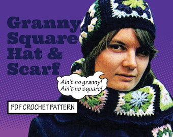 Easy Vintage CROCHET Pattern Granny Square Hat and Scarf child adult sizes Bohemian Hippie winter PDF Instant Digital Download Retro '70s