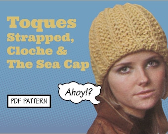 Easy Vintage CROCHET KNIT Pattern Toque Hat Cloche Strapped Helmet Sea Cap Beanie Boho Hippie winter PDF Instant Digital Download Retro '70s