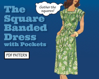 Vintage Sewing Pattern Womens Square Banded Dress Top Full Skirt gathered neck pockets belted jumper PDF Instant Digital Download Retro '70s