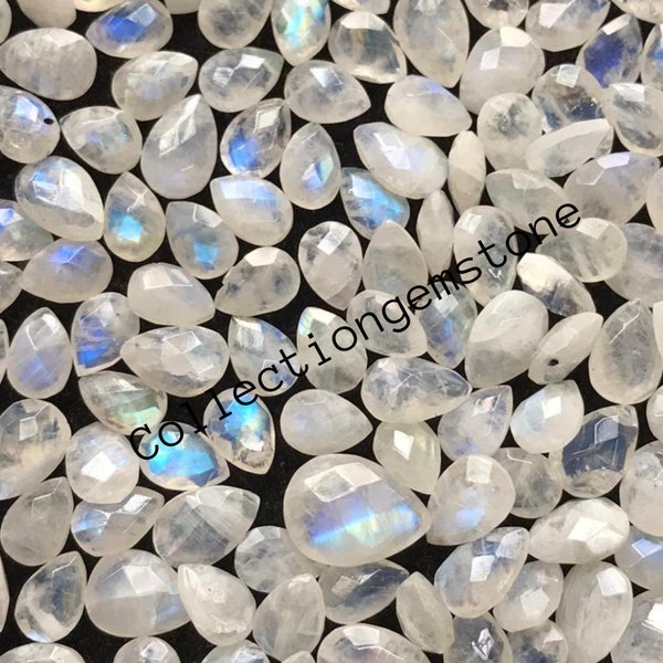 Blue Flashy Natural Faceted Rainbow Moonstone - Cut Stone Moonstone Gemstone - Loose Moonstone - Moonstone Briolette Gemstone 7x10-8x12mm