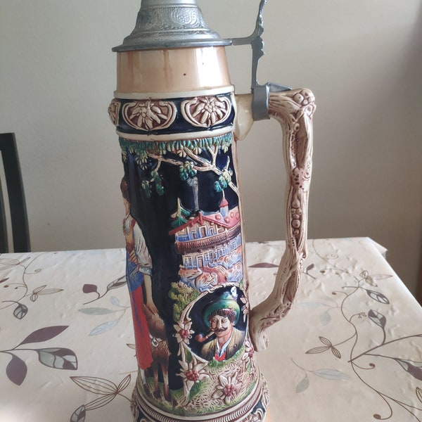 Gient Vintage beer ceramic ancient  big beer stein / mug made in West Germany trink nie zu viel halt mass und ziel