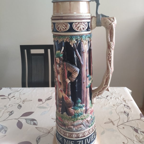 Gient Vintage beer ceramic ancient  big beer stein / mug made in West Germany trink nie zu viel halt mass und ziel