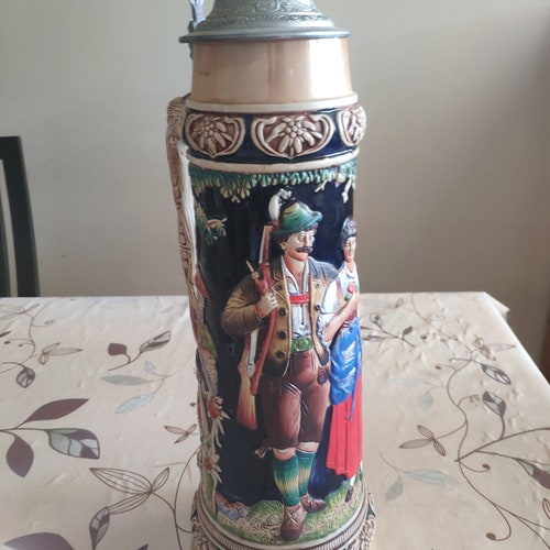 Gient Vintage beer ceramic ancient big beer stein / mug made in West Germany trink shops nie zu viel halt mass und ziel