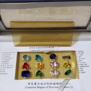 K&ouml;nnte beinhalten: Eine Vitrine mit einer Auswahl an geschliffenen Edelsteinen in verschiedenen Formen und Farben. Die Vitrine ist mit "H&auml;ufige Formen von verarbeiteten Steinen (2)" beschriftet und enth&auml;lt eine Liste der verschiedenen Formen, wie z. B. rund, Trillions, Achteck und Smaragd.