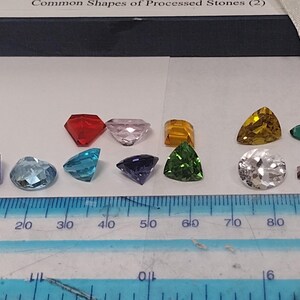 K&ouml;nnte beinhalten: Ein Lineal mit Markierungen in Millimetern und Zoll, auf dem zehn verschiedene Edelsteinform in einer Reihe liegen. Die Edelsteine sind in verschiedenen Farben, darunter rot, rosa, gelb, gr&uuml;n, blau und lila.