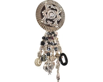 David Navarro Sterling, Stone and Silver bead Chatelaine Pin Brooch