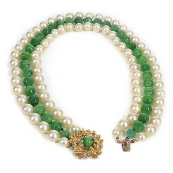 3 Strand ca. 1950's Faux Pearl with Green Peking … - image 2