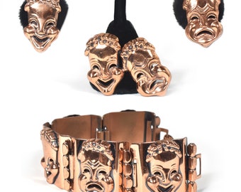 RENOIR's 1950 Copper "Comedy and Tragedy Masks" Hinged Bracelet, Earrings, and Brooch. Signed Renoir.