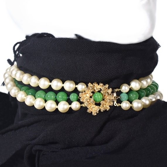 3 Strand ca. 1950's Faux Pearl with Green Peking … - image 1