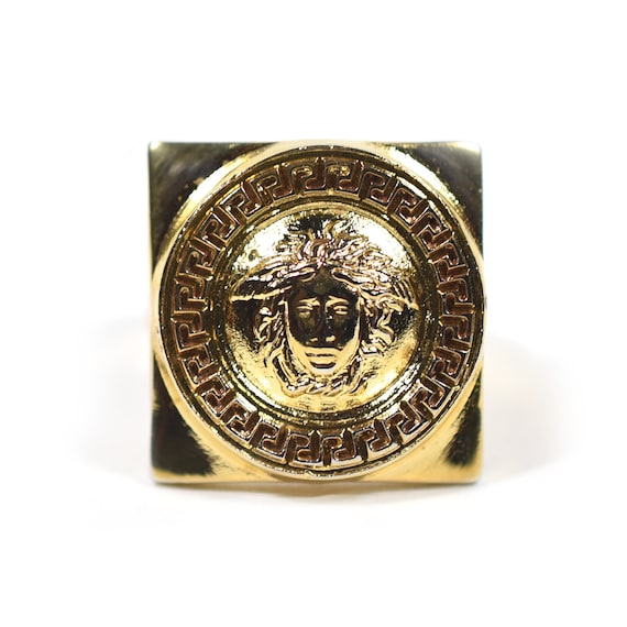 Gianni Versace Square Gold-Tone Medusa Head Adjustable Ring Made in Italy
