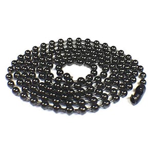May include: A black ball chain necklace with a black clasp. The chain is made of small, round metal beads.