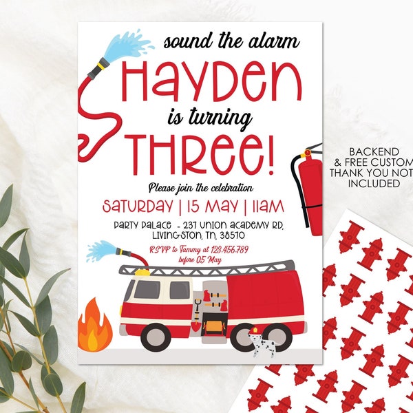 INSTANT DOWNLOAD Fire Engine Invitation, Editable Fire Truck Invite, Boy Birthday Invite, Fireman Party, Stop Drop and Roll Template, BP03