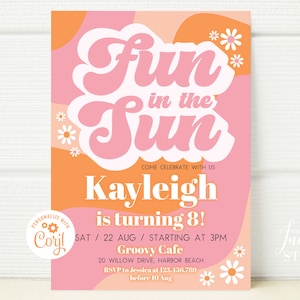 Groovy Fun in the Sun Summer Pool Party Invitation, 70s RETRO Birthday Invite Groovy Hippie Daisy Birthday Template Editable ANY AGE BS036