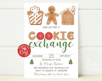 Può includere: Un invito a uno scambio di biscotti natalizi con biscotti di pan di zenzero, una casetta di pan di zenzero e un omino di pan di zenzero. L'invito è per il 25 dicembre alle 18:00 presso The Morgan Residence, 284 Madison Ave, Glendale, PA. RSVP a Jessica al 123.456.789. Si prega di portare un piatto di biscotti da condividere.